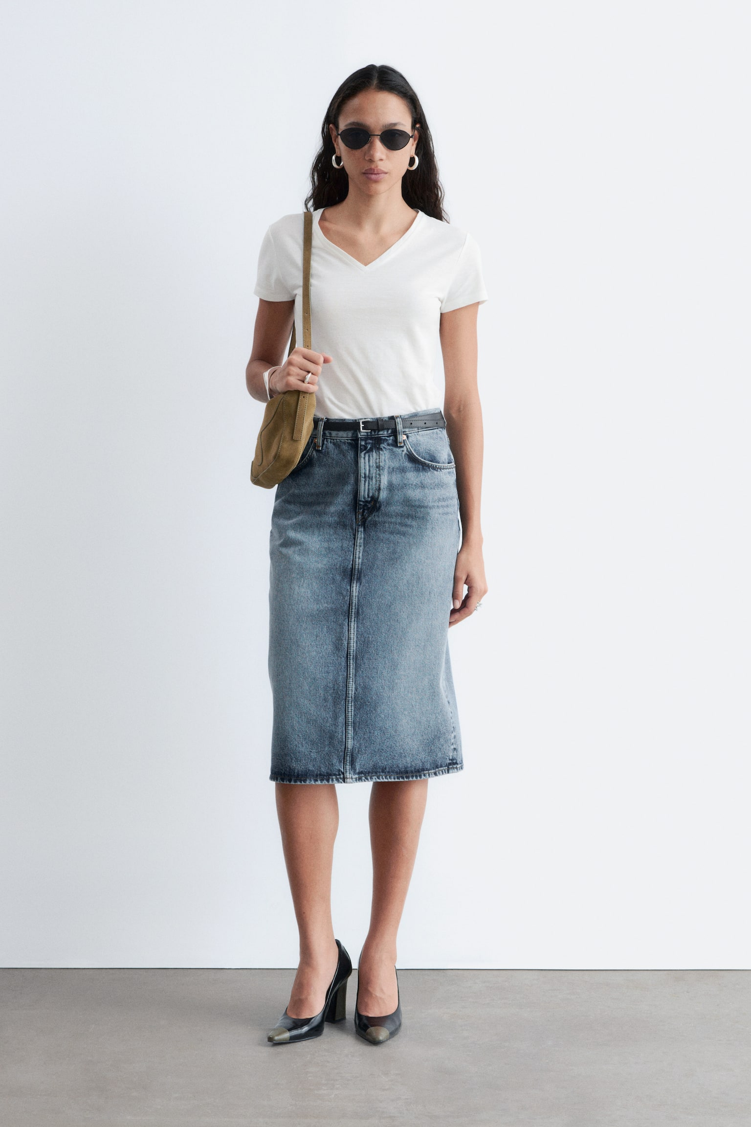 T-shirt van katoen met V-hals - Wit/Zwart - 3