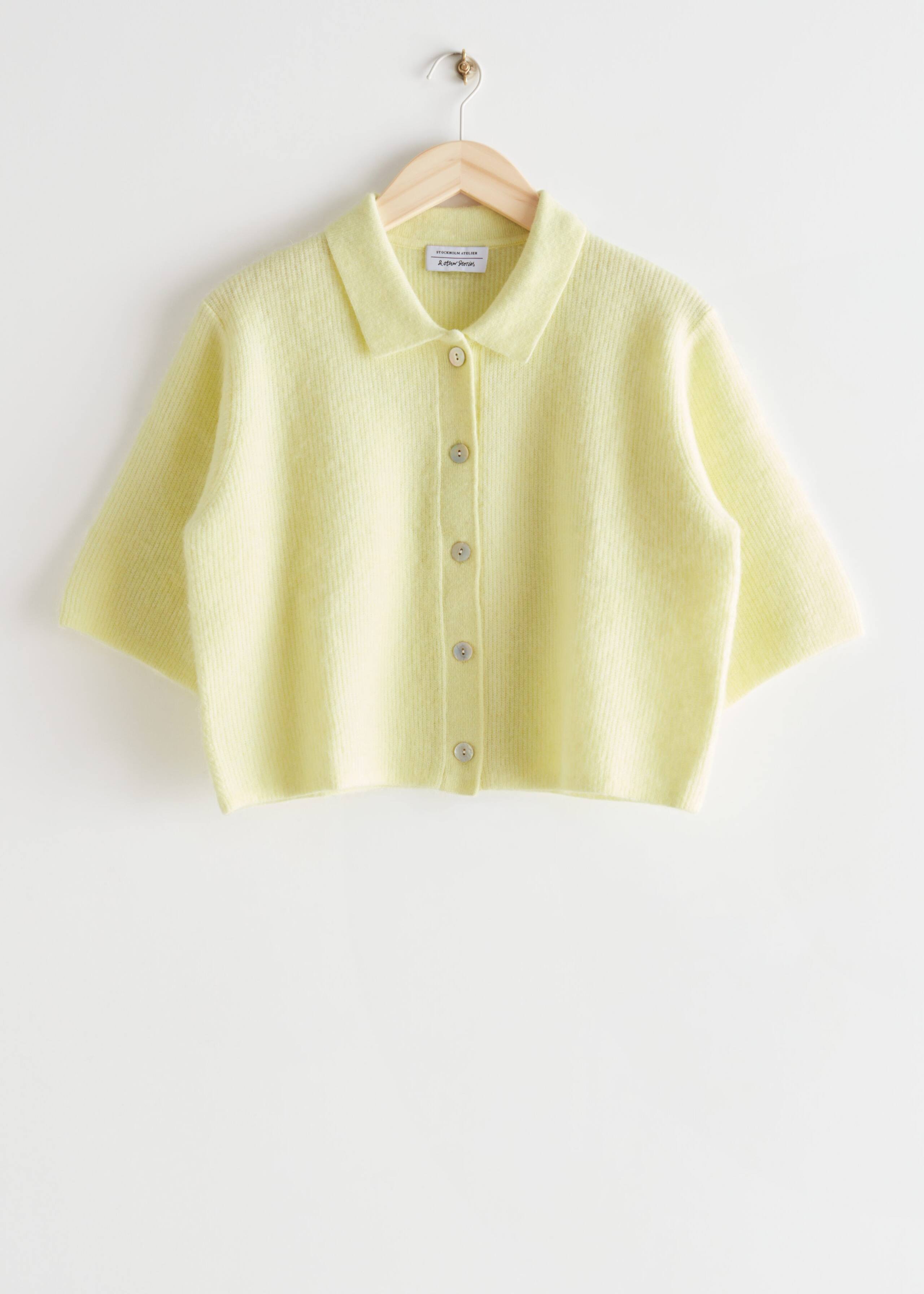 Cropped Collared Knit Cardigan - Yellow - Bodegón
