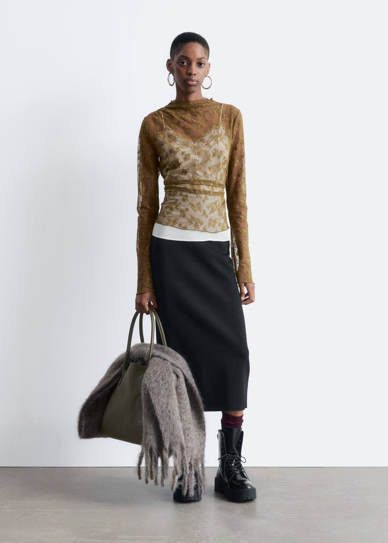 Long-Sleeve Lace Top - Khaki Brown - 3