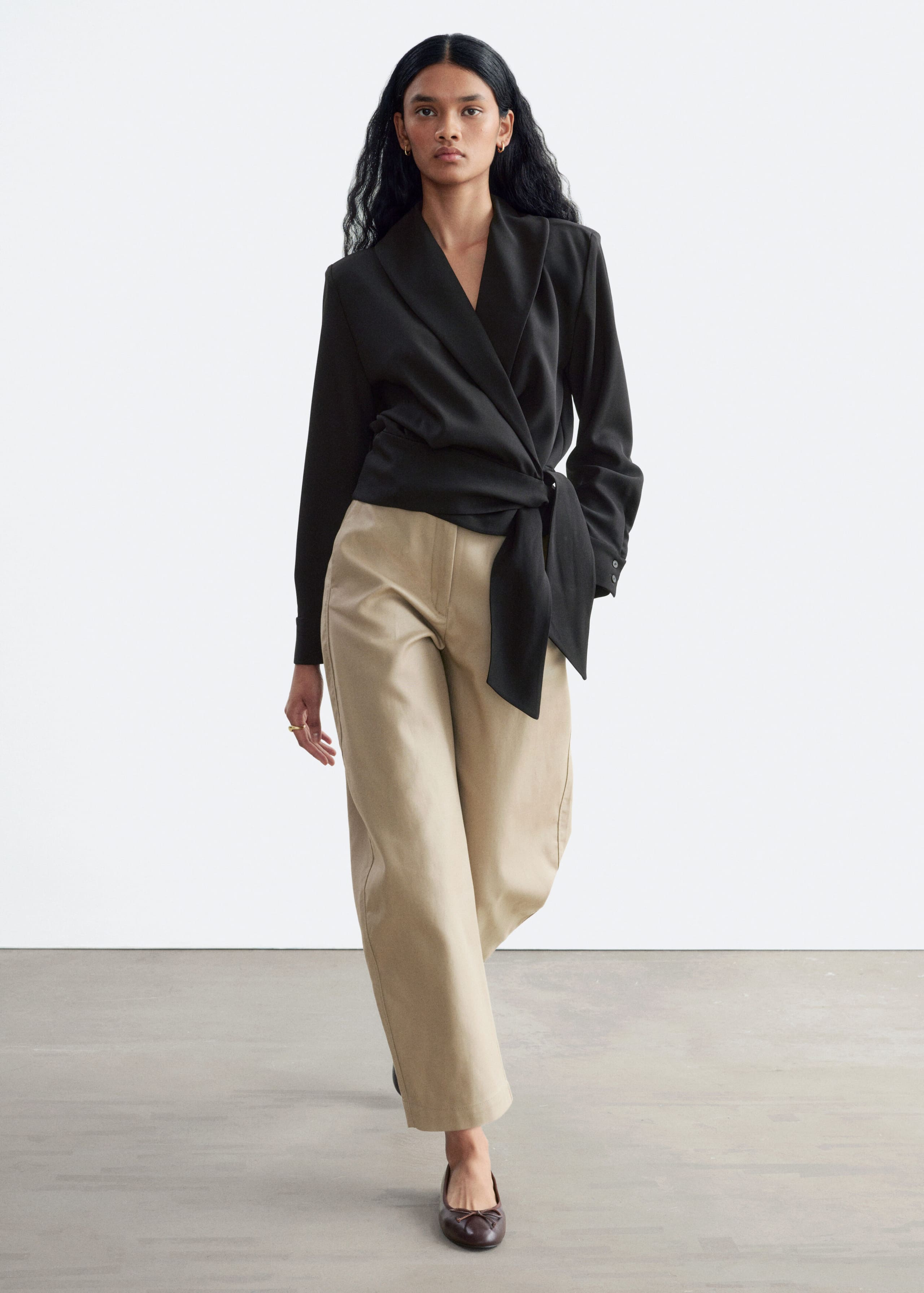 Shawl-Collar Wrap Blouse - Black - Lookbook