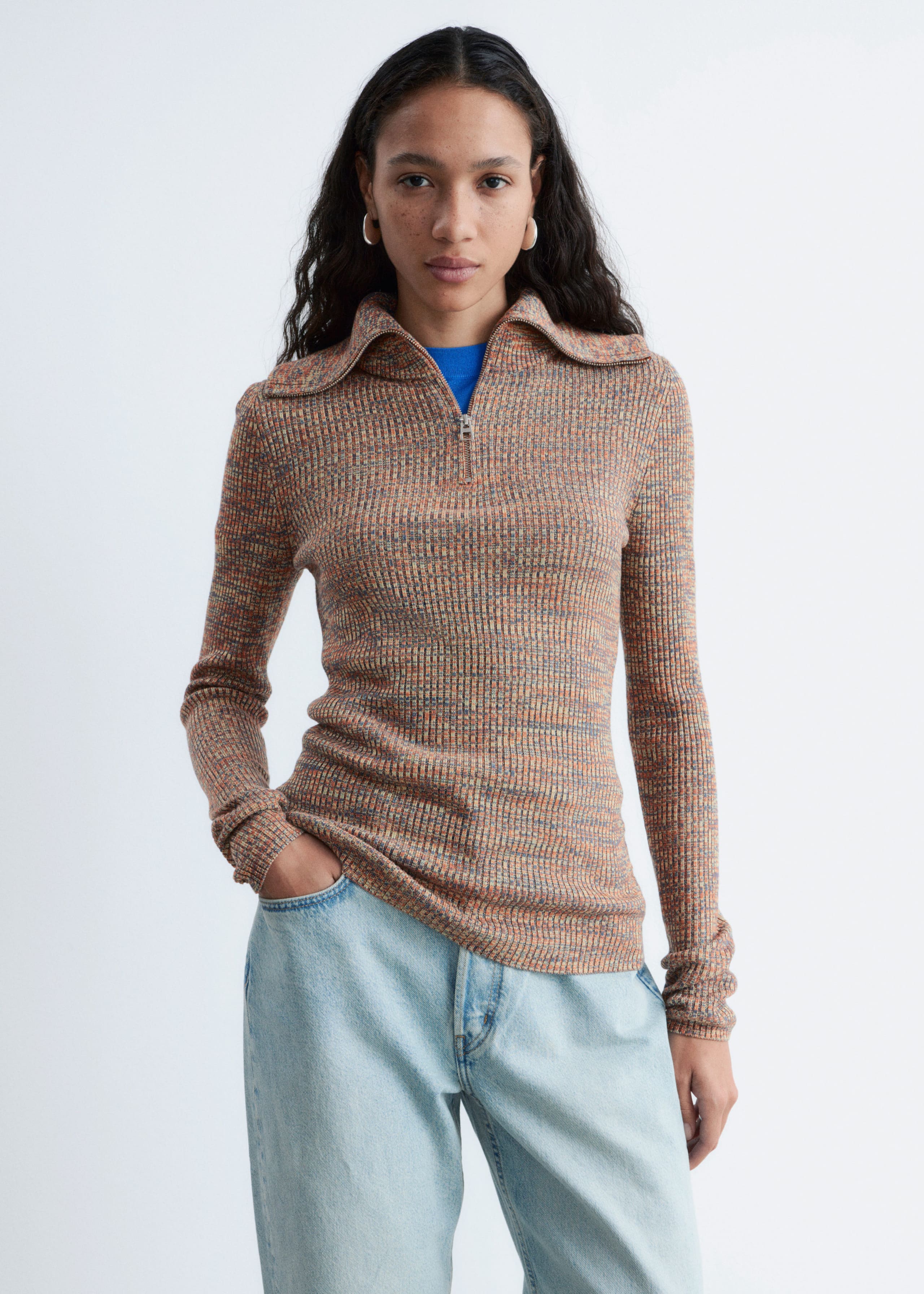 Image of Melangestickad topp med halv dragkedja